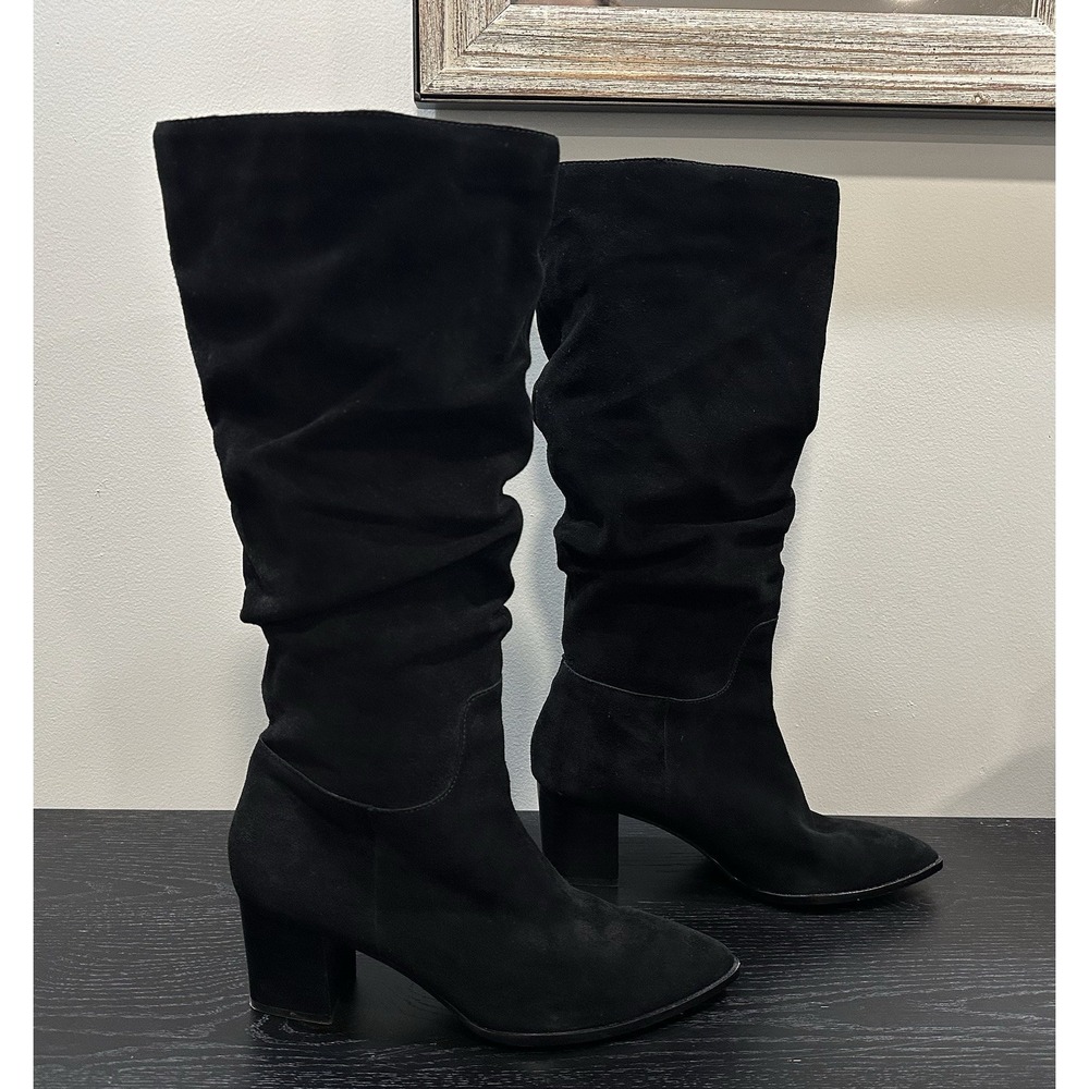 SAKS FIFTH AVENUE Woman's Black Slouch Tall Leather BOOTS Block Heel Size 10